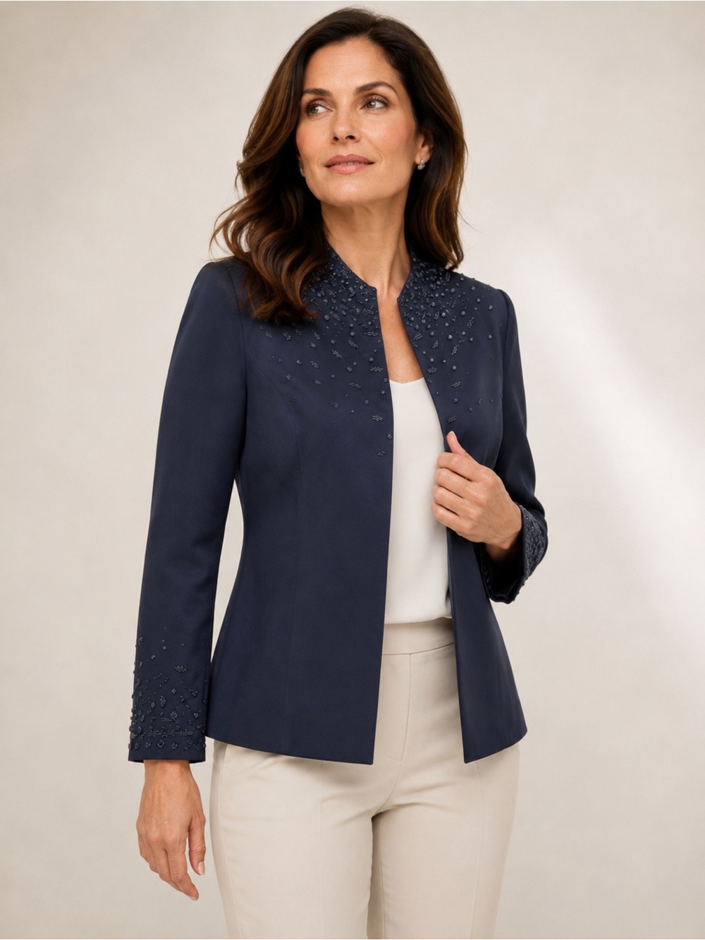 Albert Nipon Women Navy Blue Beaded Open Front Blazer Jacket Size 12 NWT